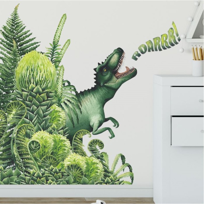Наклейка пластик интерьерная цветная Тиранозавр в джунглях 30х90 см