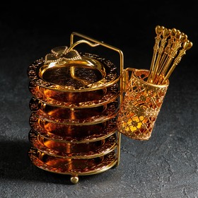 Набор блюдец «Золото», с подставкой, с ложками, 6 шт, цвет золотой Ош