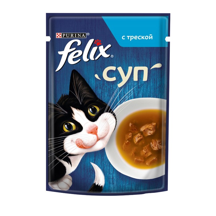 Влажный корм Felix Суп с треской, для кошек, 48 г felix felix влажный корм для взрослых кошек с треской суп 48 г