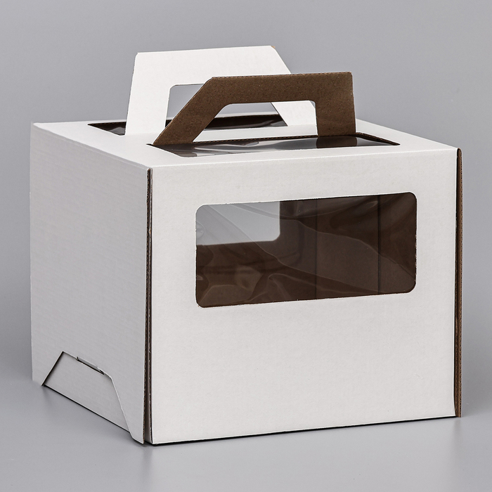 Коробка под торт 2 окна, с ручками, белая, 24 х 24 х 20 см