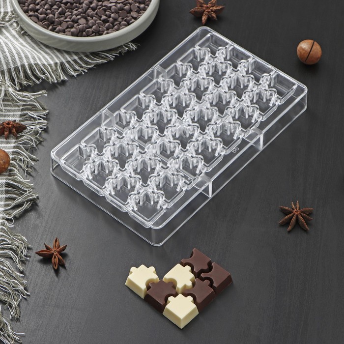 форма для шоколада и конфет конструктор 14 ячеек 20×12×2 5 см ячейка 2 8×2 8×0 8 см Форма для шоколада и конфет «Пазлы», 32 ячейки, 20×12×2,5 см, ячейка 2×2×0,8 см