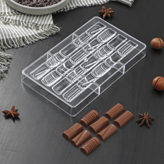 форма для шоколада и конфет астрал 14 ячеек 20×12×2 5 см ячейка d 3 см Форма для шоколада и конфет «Фигурный батончик», 20 ячеек, 20×12×2,5 см, ячейка 3,3×1,6×0,8 см