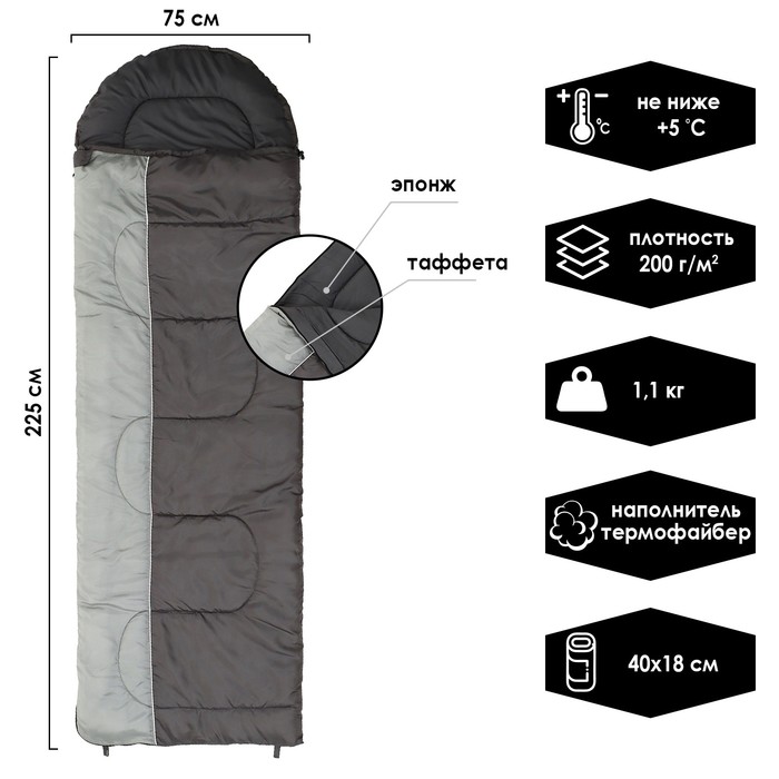 Спальный мешок-одеяло GRAPHIT 200 2-слойный, 190 х 75 см, не ниже 5 С