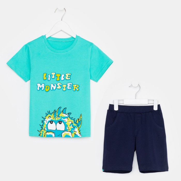 фото Комплект для мальчика (футболка/шорты), цвет мятный/тёмно-синий, рост 98 luneva