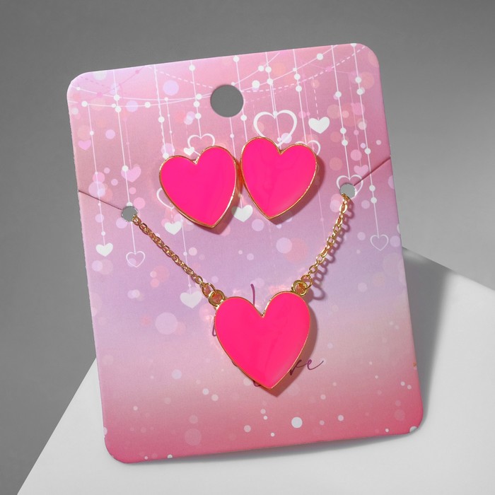 Гарнитур 2 предмета: серьги, кулон "Сердце" with love, цвет розовый в золоте, 36см