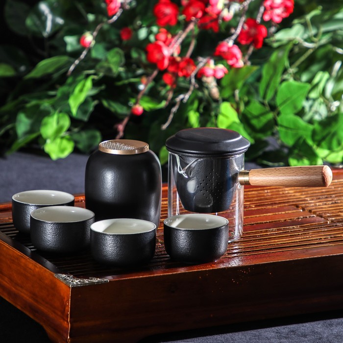 Набор для чайной церемонии керамический Simple, 6 предметов: 4 пиалы 50 мл, чайник 210 мл, банка для чая