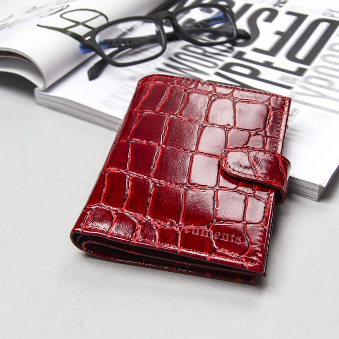 Обложка для автодокументов и паспорта на кнопке, отдел для купюр, 5 отделов для карт, красный скат