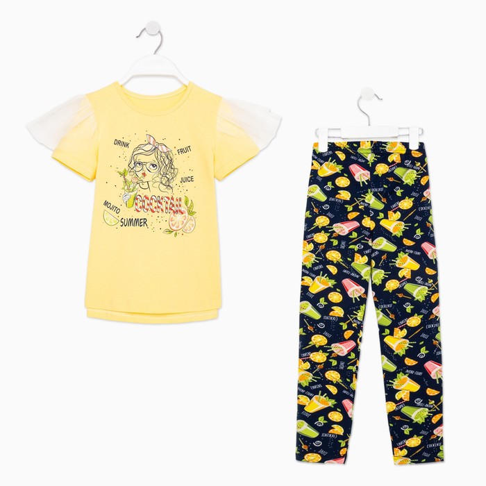 Комплект для девочки (футболка и лосины), цвет жёлтый/чёрный, рост 128 см