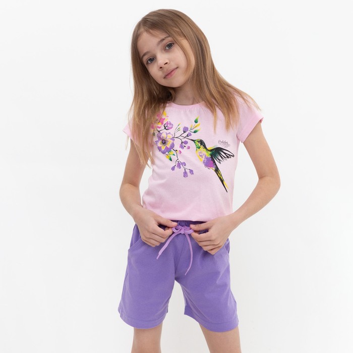 фото Комплект для девочки (футболка и шорты), цвет сиреневый, рост 104 см kleopatra