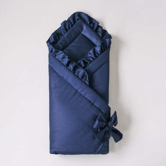 Одеяло-конверт на выписку «Сатин» с бантом, размер 90х90 см., цвет темно-синий