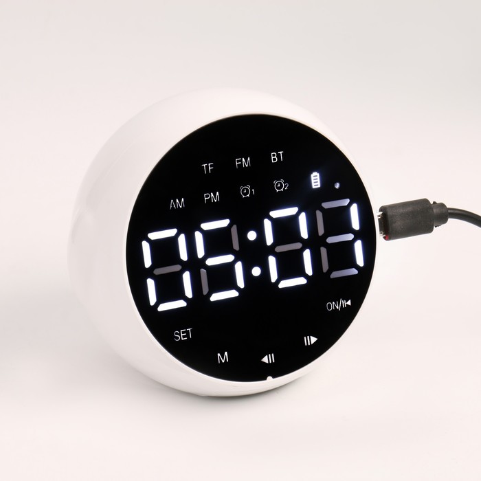 

Часы-будильник электронные, bluetooth 5.0, FM, TF карта, колонка, 2000 мАч, 9 x 7.5 x 8 см