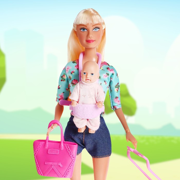 Кукла модель "Молодая мама" с пупсом, с аксессуарами. цвет бирюзовый