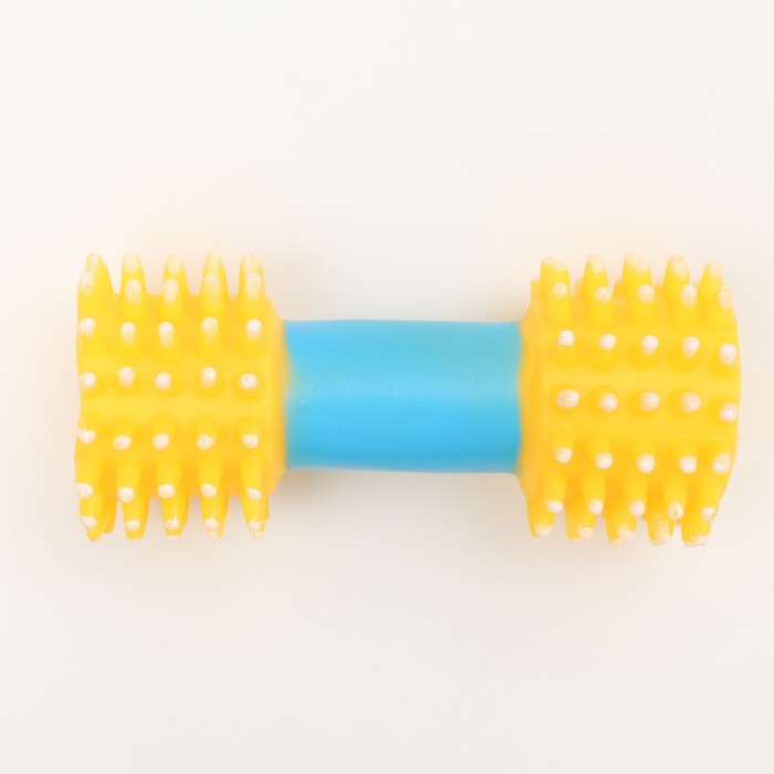 Игрушка для собак пищащая "Массажная гантель", 14 см, жёлтая/синяя