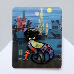 Брошь мультяшная «Кошка» с подвижной рыбой, цветная в чёрном металле