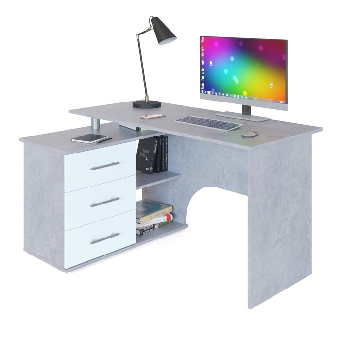 Компьютерный стол «КСТ-09», 1350×935×744 мм, угловой, угол левый, бетон/белый компьютерный стол кст 09 1350 × 935 × 744 мм угол правый цвет бетон белый