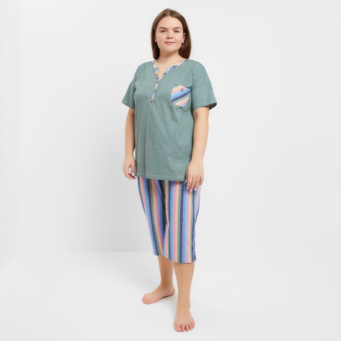 Комплект женский домашний (футболка и бриджи), олива, размер 50