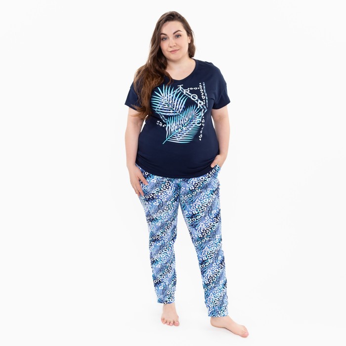 Комплект женский домашний (футболка и брюки), цвет синий, размер 52