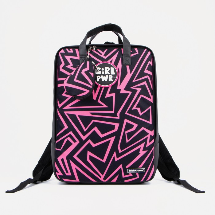 фото Рюкзак-сумка, 29*15*39, отд на молнии, н/карман, кошелек, черный/розовые зигзаги erichkrause