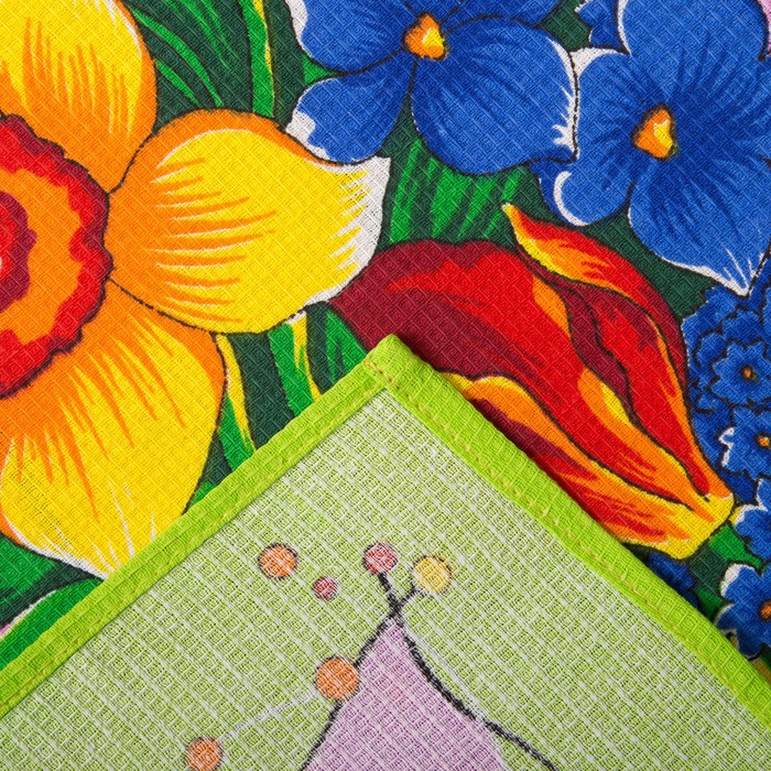 Полотенце вафельное набивное "Цветы", размер 45х60 см, цвет салатовый 160 г/м2