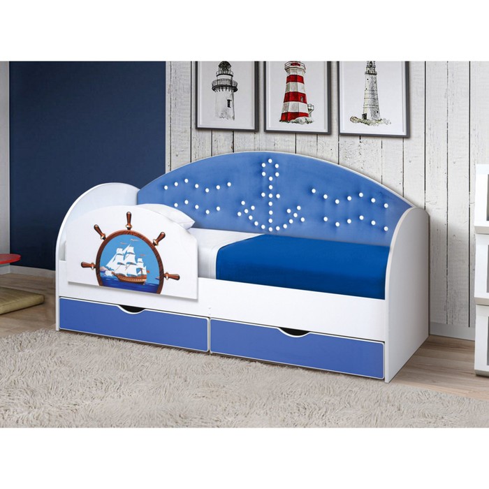 Кровать детская с мягкой спинкой и бортиком «Штурвал», 800 × 1600 мм, цвет белый / синий кровать детская с мягкой спинкой софа 11 800 × 1600 мм цвет дуб крафт белый шарики