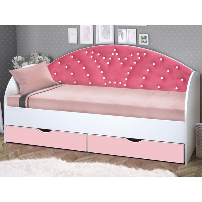 фото Кровать детская с мягкой спинкой «корона №1», 800 × 1600 мм, без бортика, белый / розовый матрица