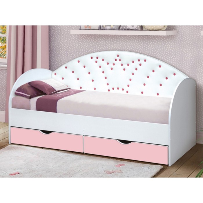 фото Кровать детская с мягкой спинкой «корона №4», 800 × 1600 мм, без бортика, белый / розовый матрица