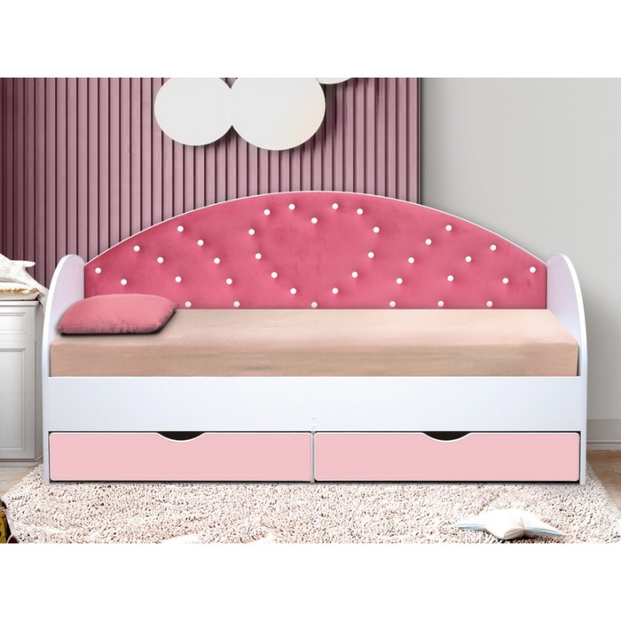 фото Кровать детская с мягкой спинкой «сердце №1», 800 × 1600 мм, без бортика, белый / розовый матрица