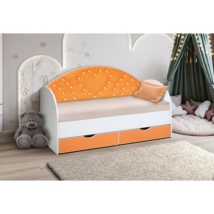 фото Кровать детская с мягкой спинкой «сердце №3», 800 × 1600 мм, без бортика, белый/оранжевый матрица
