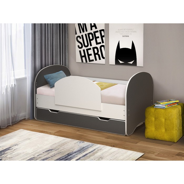 фото Кровать детская с бортиком и ящиком «радуга», 800 × 1600 мм, цвет белый / графит матрица