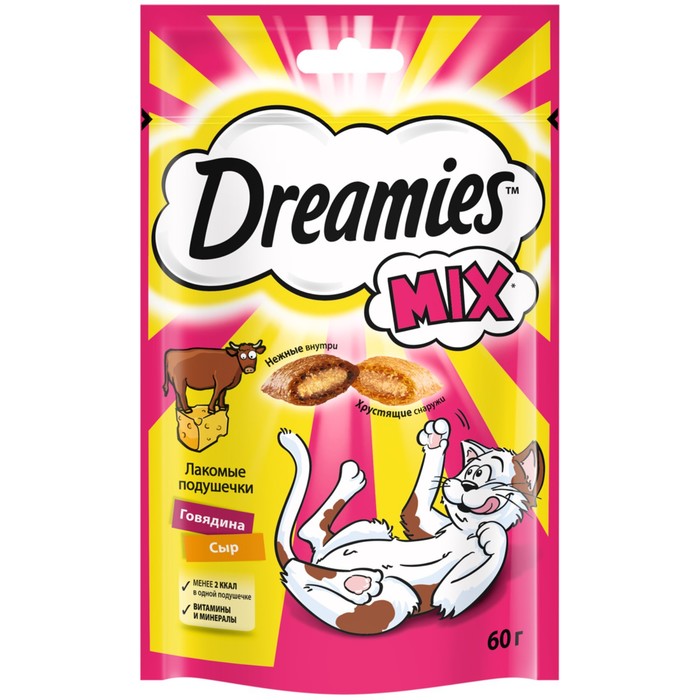 Лакомство Dreamies Mix для кошек, говядина/сыр, 60 г dreamies dreamies лакомство для взрослых кошек mix микс лосось сыр 60 г