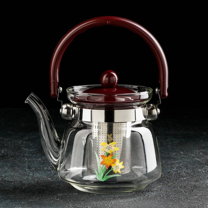  Чайник стеклянный заварочный с металлическим ситом Доляна «Цветочная фантазия», 600 мл