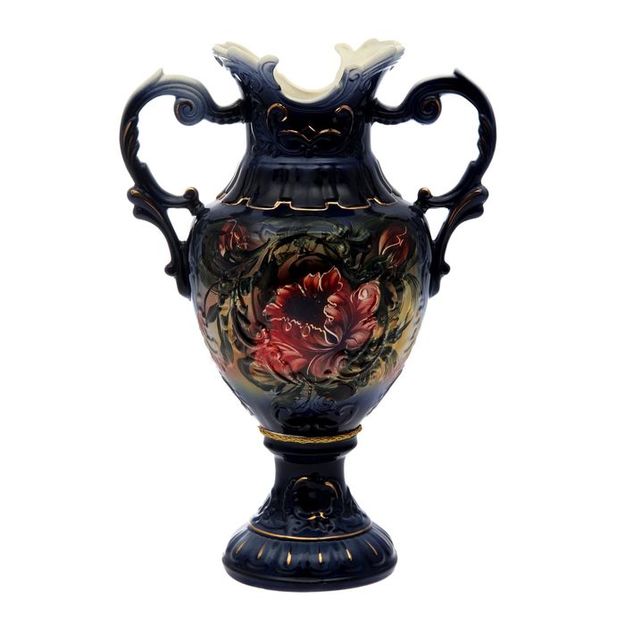 Ваза напольная "Астория" красные цветы, кобальт