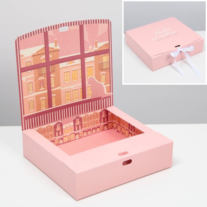 коробка складная теропром 7007606 двухсторонняя winter 20 × 18 × 5 см Коробка складная двухсторонняя «Розовый новый год», 20 × 18 × 5 см