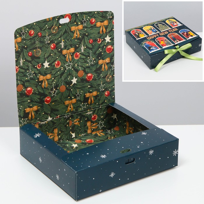 коробка складная теропром 7007606 двухсторонняя winter 20 × 18 × 5 см Коробка складная двухсторонняя «Новогодние окна», 20 × 18 × 5 см