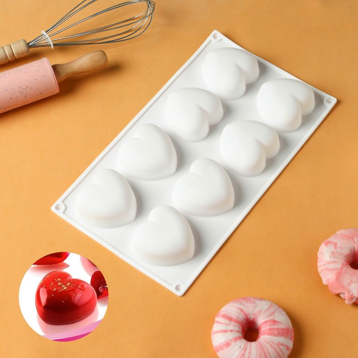 Форма для муссовых десертов и выпечки KONFINETTA «Сердца», 30×17,5×3 см, 8 ячеек (6,2×6 см), цвет белый форма силиконовая для выпечки и муссовых десертов konfinetta пуэнти 30×18×3 см 8 ячеек ячейка 6 6×6 6×3 см цвет белый