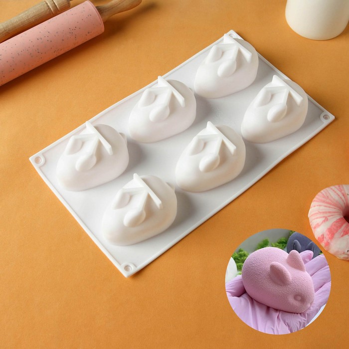 Форма для выпечки и муссовых десертов KONFINETTA «Кролик», 29×17,2×4,3 см, 6 ячеек, ячейка 8,5×5,5, цвет белый
