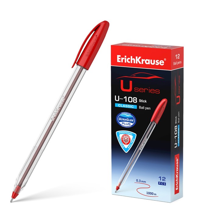 Ручка шариковая ErichKrause U-108 Classic Stick 1.0, Ultra Glide Technology, красная ручка шариковая erichkrause u 108 original stick 1 0 ultra glide technology красная