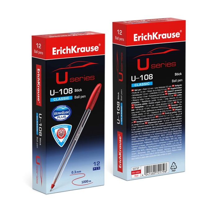 Ручка шариковая ErichKrause U-108 Classic Stick 1.0, Ultra Glide Technology, красная