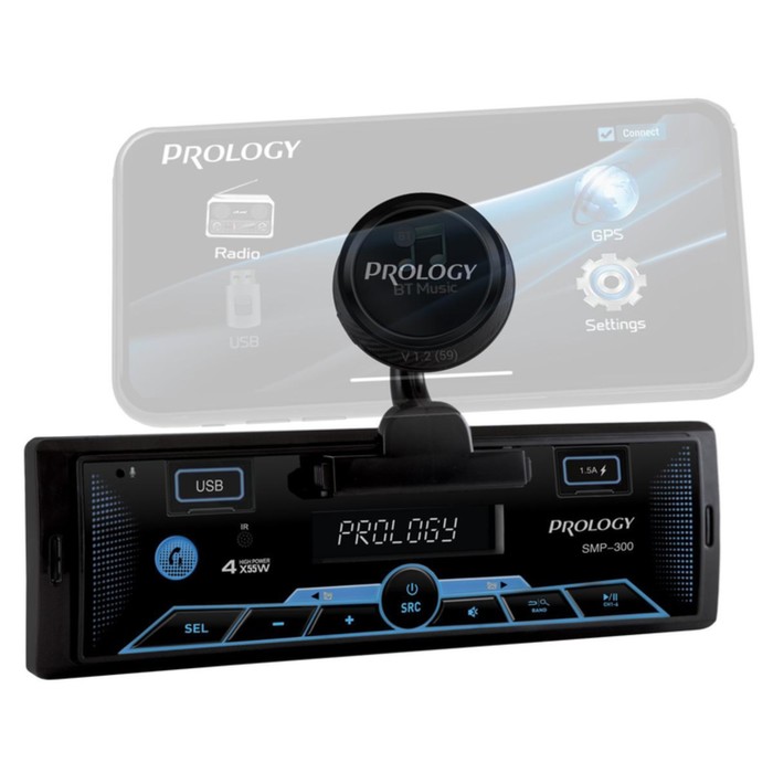 фото Автомагнитола prology smp-300, 1din, usb/ fm/ bt, приложение os android/ ios, rca 4х55 вт