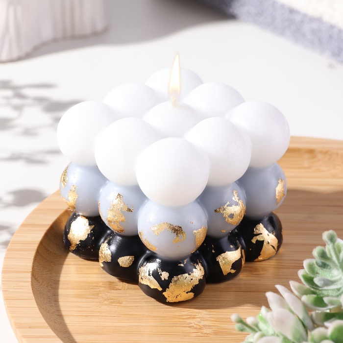 Свеча фигурная ароматическая с поталью Бабл куб, 6 см, бело-черная, кожа и печенье