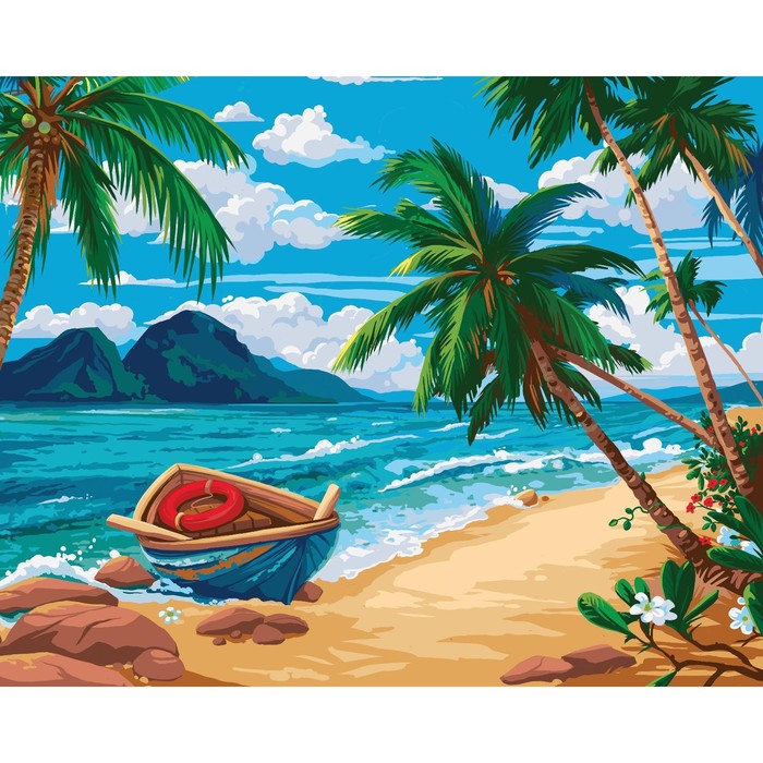 фото Алмазная мозаика на подрамнике с полным заполнением «лодка на пляже», 40х50см школа талантов