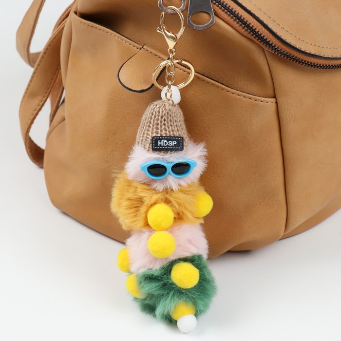 

Пушистик на кольце с карабином "Яркая гусеница в очках и шапке" 15 см, МИКС