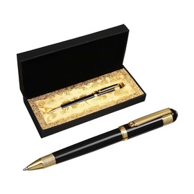 Ручка подарочная шариковая в кожзам футляре поворотная Вензура корпус черный с золотым