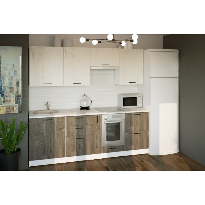 Кухонный гарнитур Сиена компакт 2200х600 Белый/Сосна/Дуб грей, бетон темный