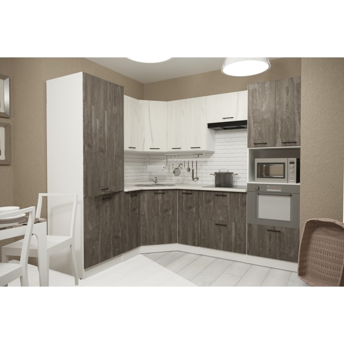 Кухонный угловой гарнитур Сиена оптима 2400х1800 Белый/Сосна/Дуб грей, бетон темный
