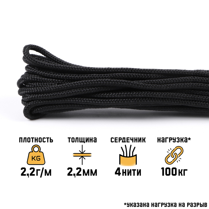 

Паракорд 275, нейлон, черный, d - 2,2 мм, 10 м