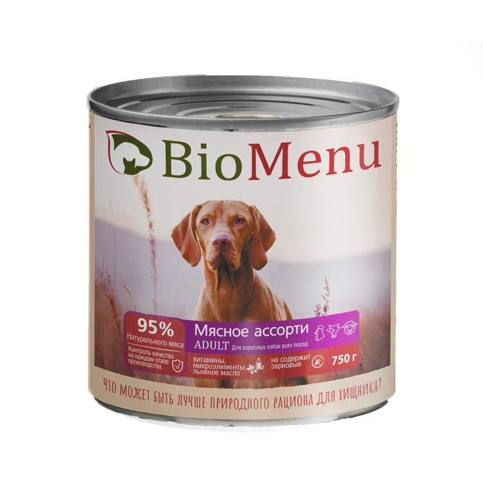 Влажный корм BioMenu тушеное мясное ассорти для собак, 750 г biomenu biomenu паштет для котят мясное ассорти 100 г