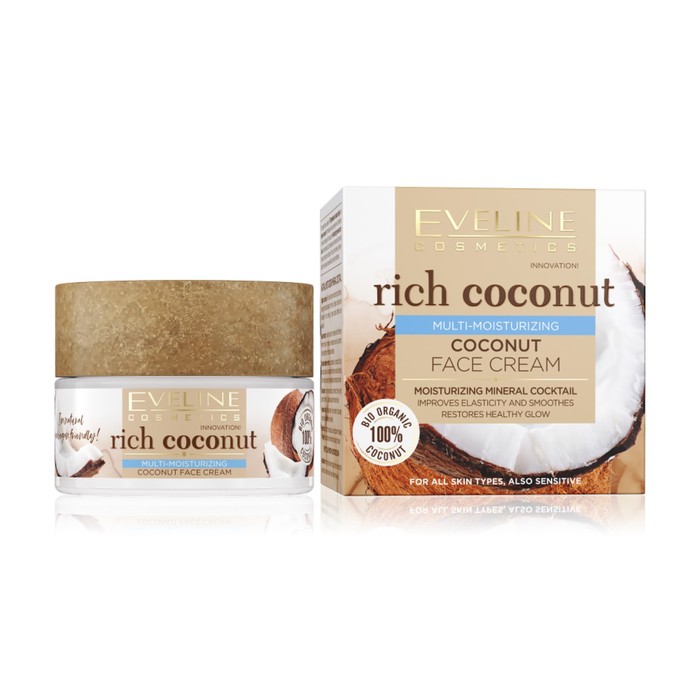 Крем для лица Eveline Rich Coconut, кокосовый для сухой и чувствительной кожи, 50 мл