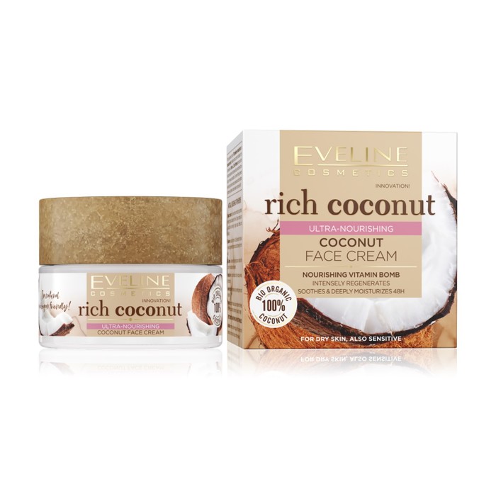 фото Крем для лица eveline rich coconut, увлажняющий кокосовый для всех типов кожи, 50 мл