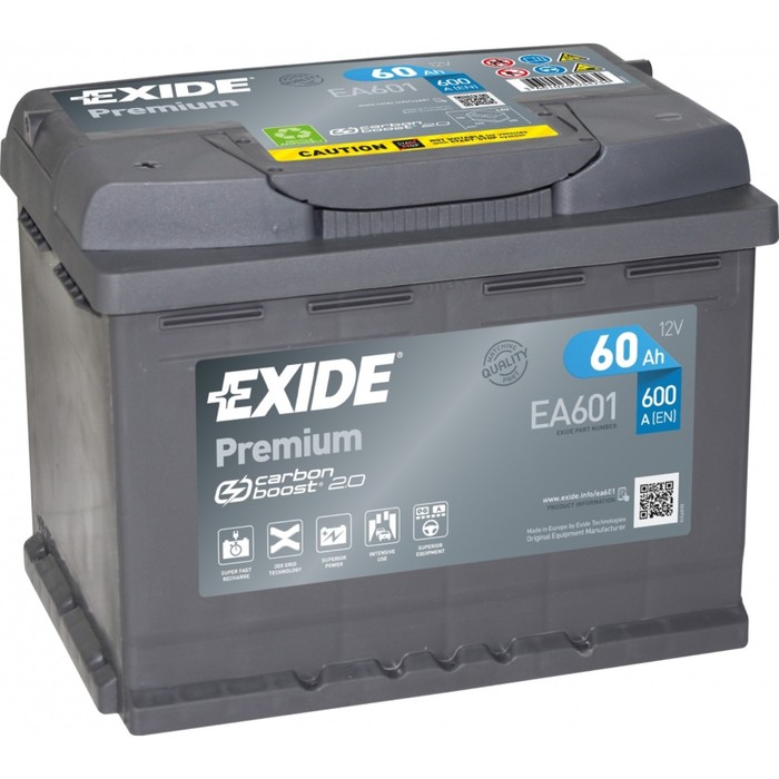 Аккумуляторная батарея Exide 60 Ач Premium EA601, прямая полярность exide автомобильный аккумулятор exide 95 ач прямая полярность d31r